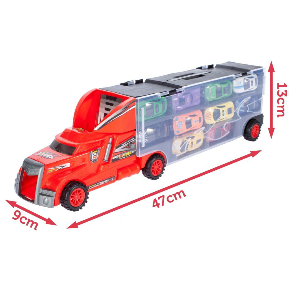 Set camion de metal cu 10 autoturisme, MalPlay 107112