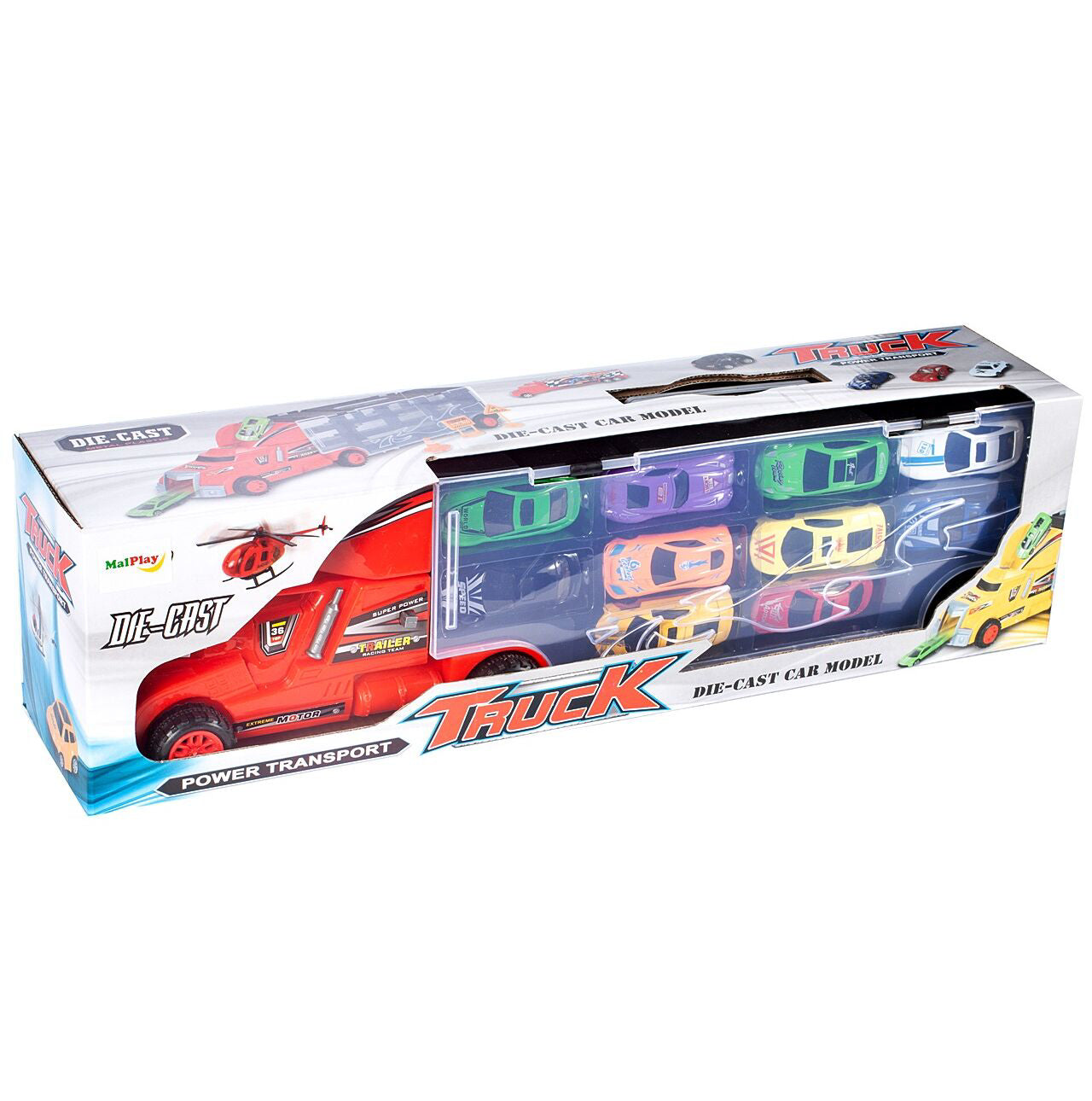 Set camion de metal cu 10 autoturisme, MalPlay 107112