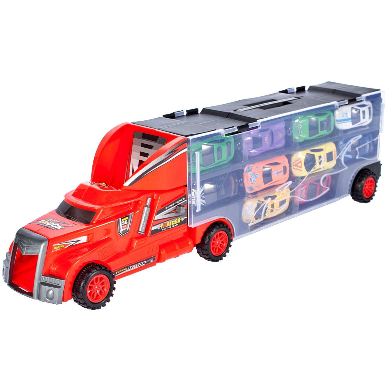 Set camion de metal cu 10 autoturisme, MalPlay 107112