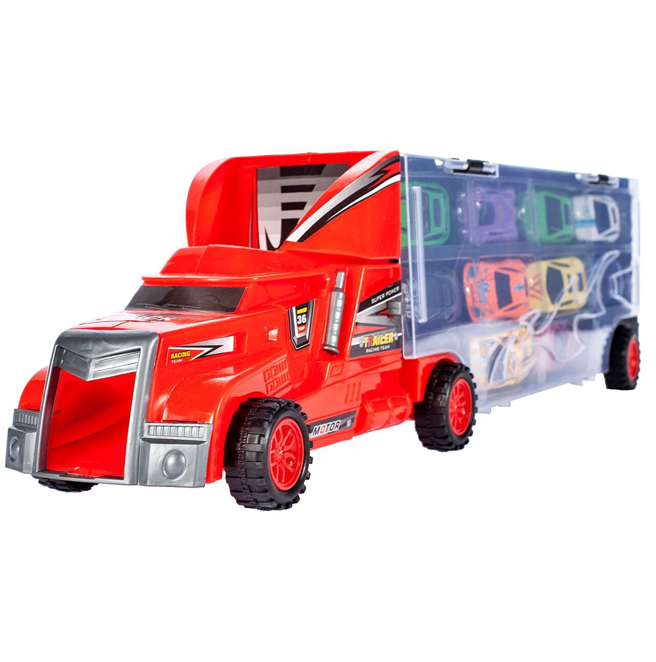 Set camion de metal cu 10 autoturisme, MalPlay 107112