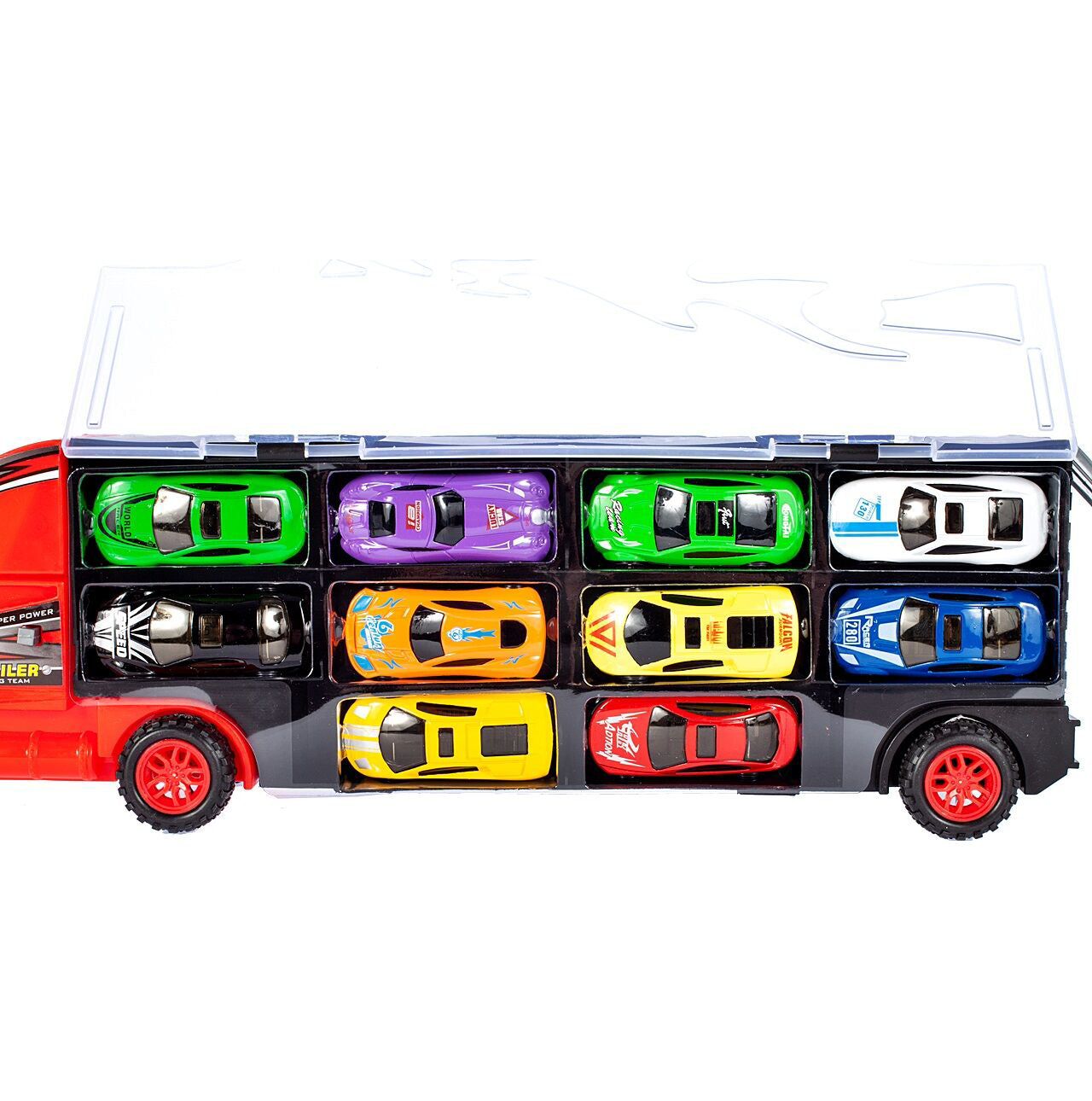 Set camion de metal cu 10 autoturisme, MalPlay 107112