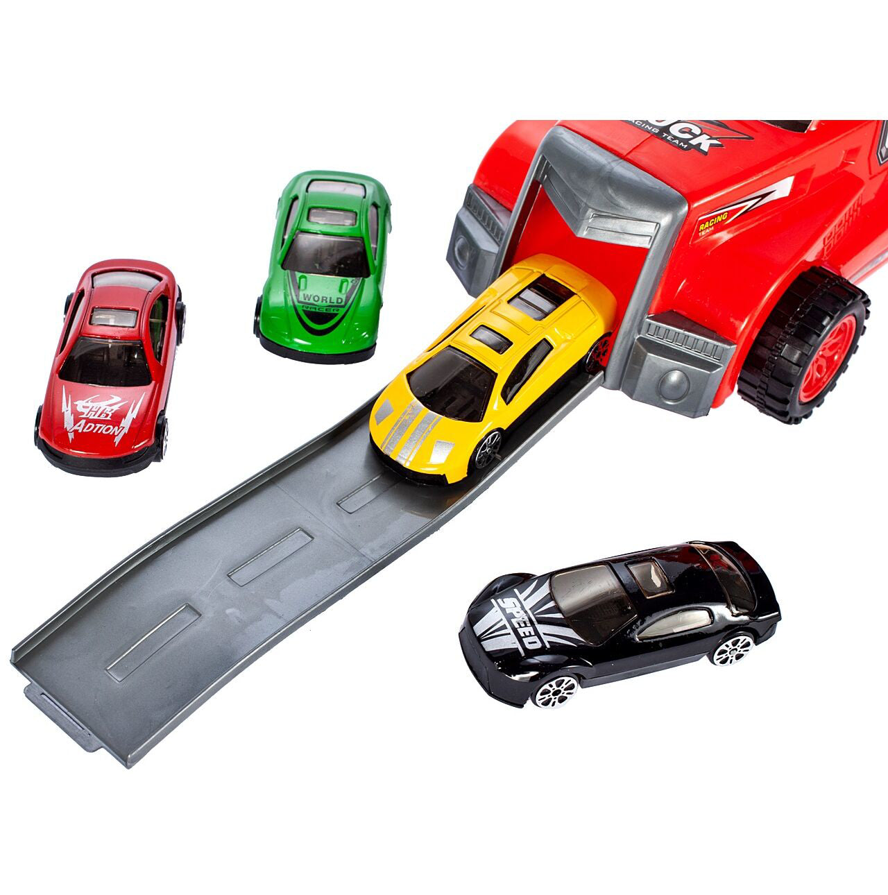 Set camion de metal cu 10 autoturisme, MalPlay 107112