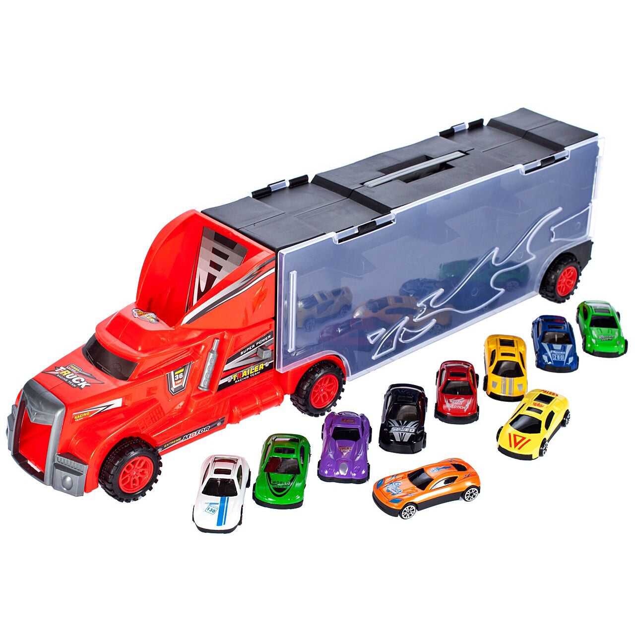 Set camion de metal cu 10 autoturisme, MalPlay 107112