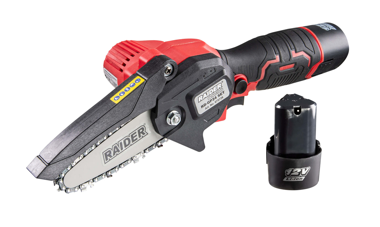 Mini fierastrau de gradina cu acumulator RD-GP24, 12 V, 4", 2 x 2 Ah, 3 lanturi, Raider Garden Tools 075726