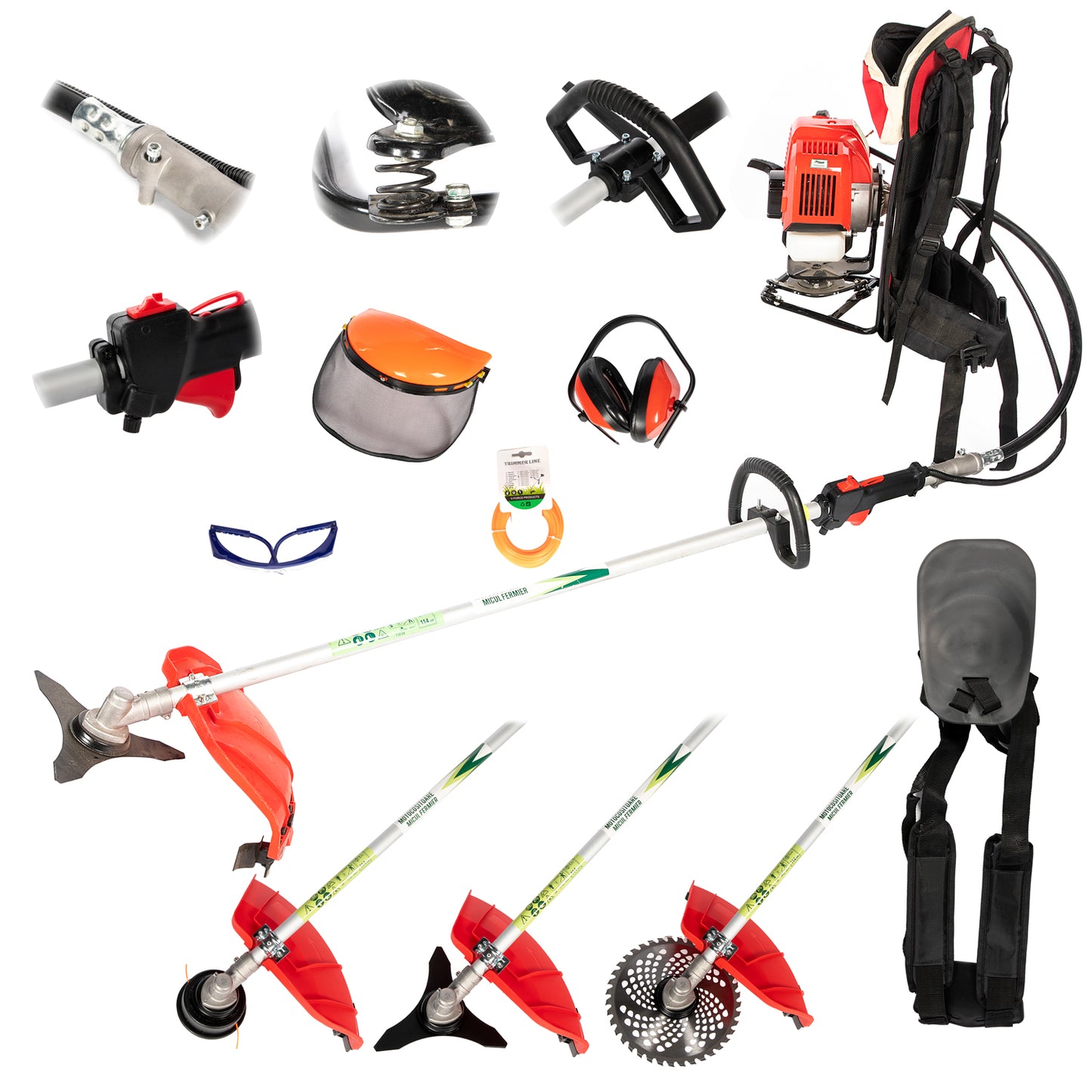 Motocoasa tip rucsac pe benzina cu 7 accesorii, 4.76 cp, Micul Fermier GF-1550