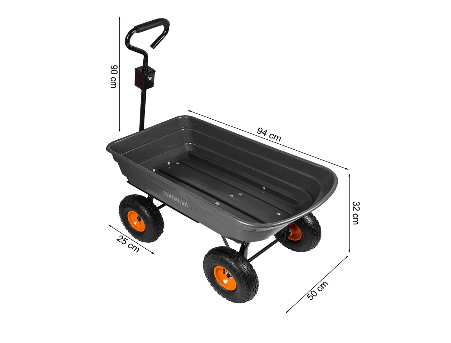 Carucior basculant de gradina Sunwaal, capacitate 75l, 300 kg, 89 x 47 x 22 cm, MalTec 110144