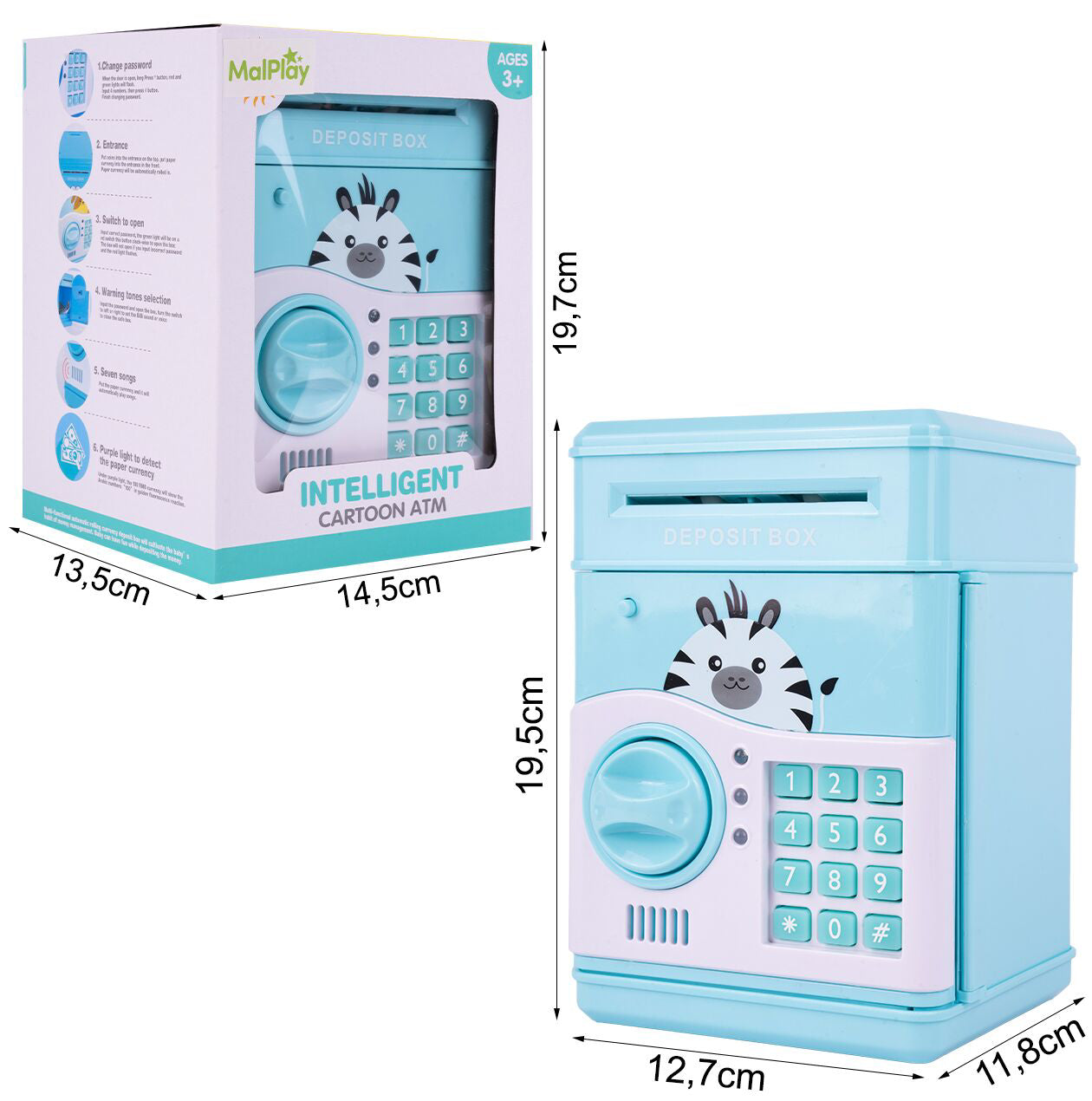 Pusculita pentru copii tip seif cu zebra, 19,5 x 12,7 x 11,8 cm, MalPlay 111591