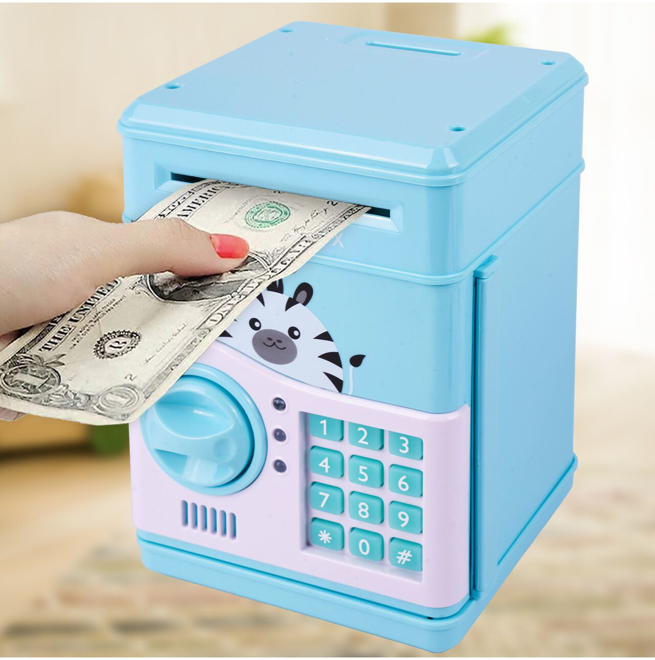 Pusculita pentru copii tip seif cu zebra, 19,5 x 12,7 x 11,8 cm, MalPlay 111591