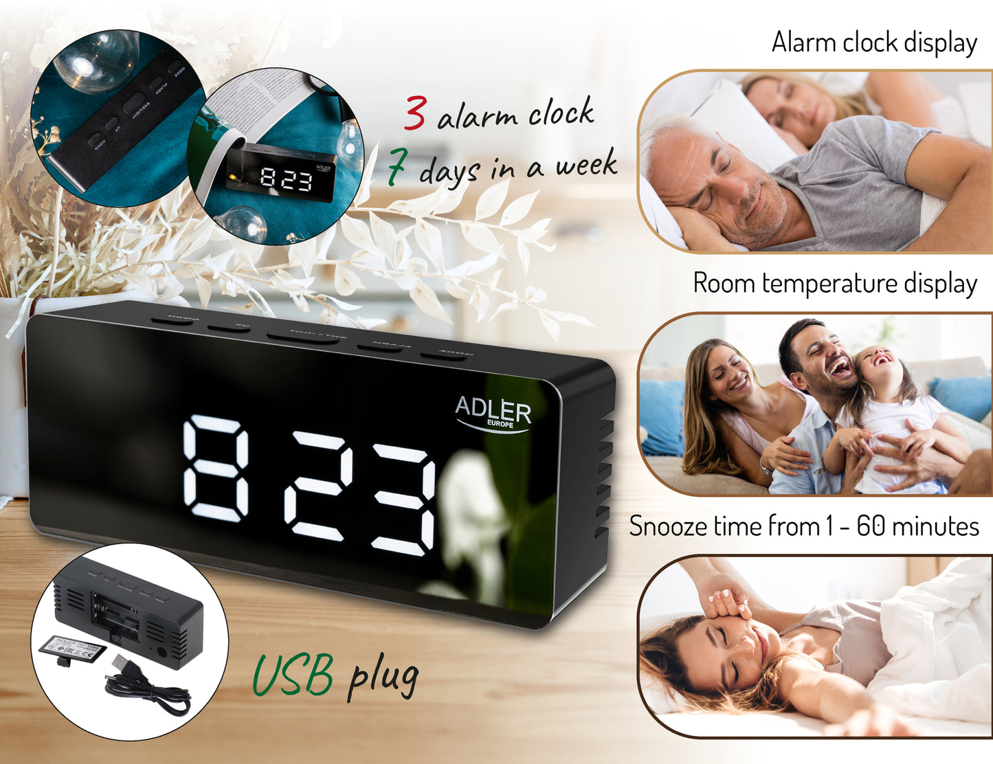 Ceas desteptator cu cablu USB si afisaj LED, Adler AD1189b
