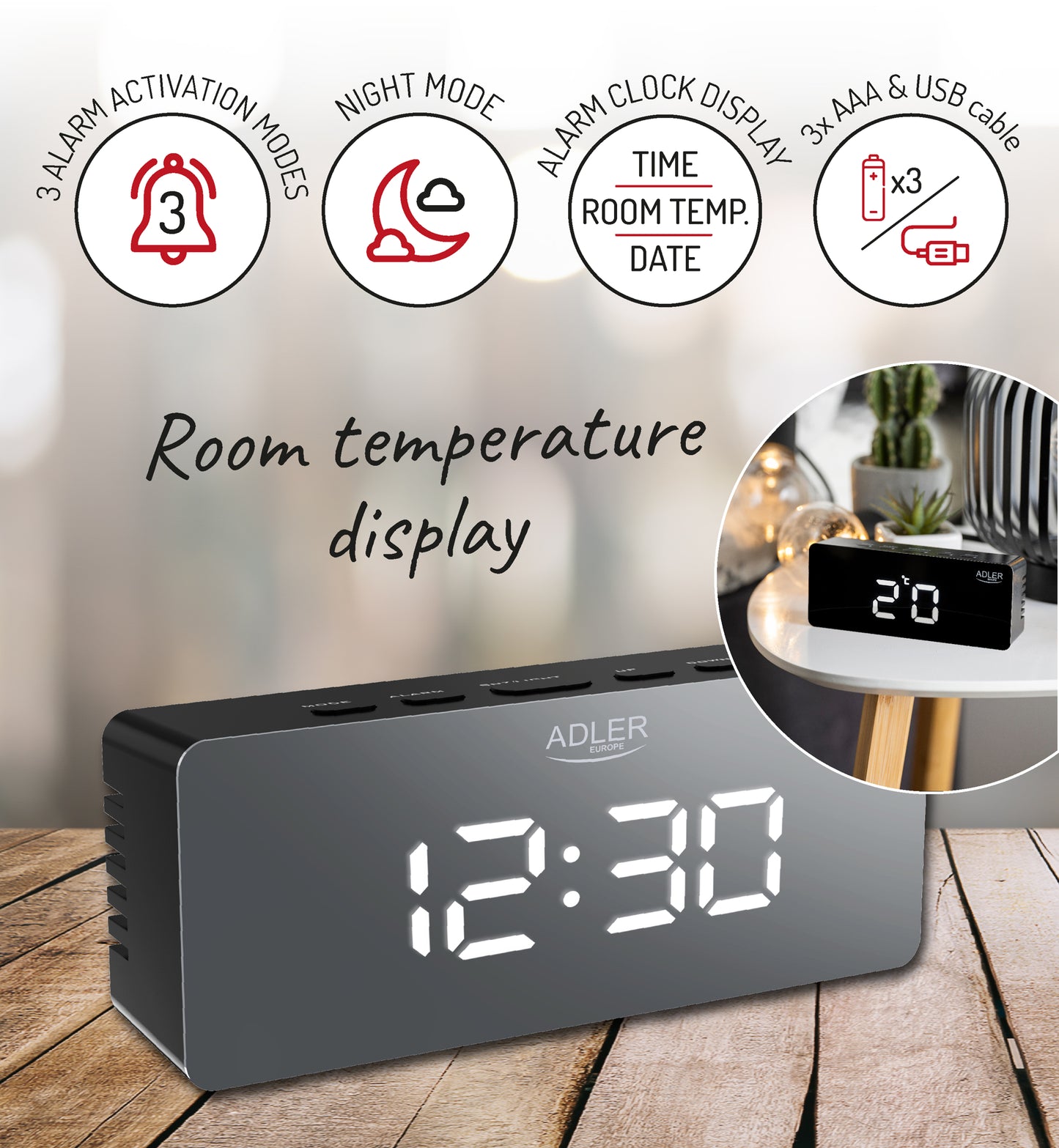 Ceas desteptator cu cablu USB si afisaj LED, Adler AD1189b