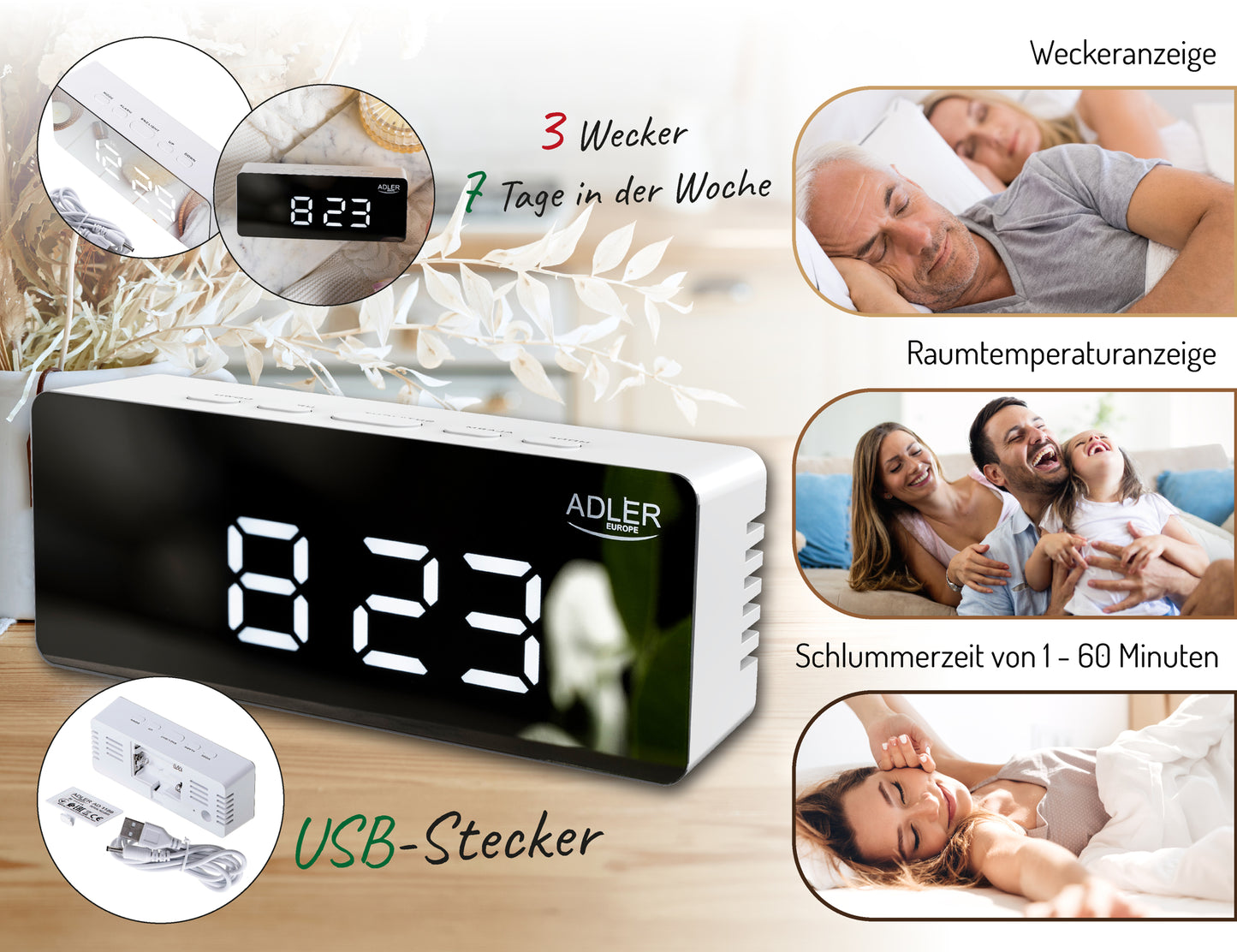 Ceas desteptator cu cablu USB si afisaj LED, alb, Adler AD1189w