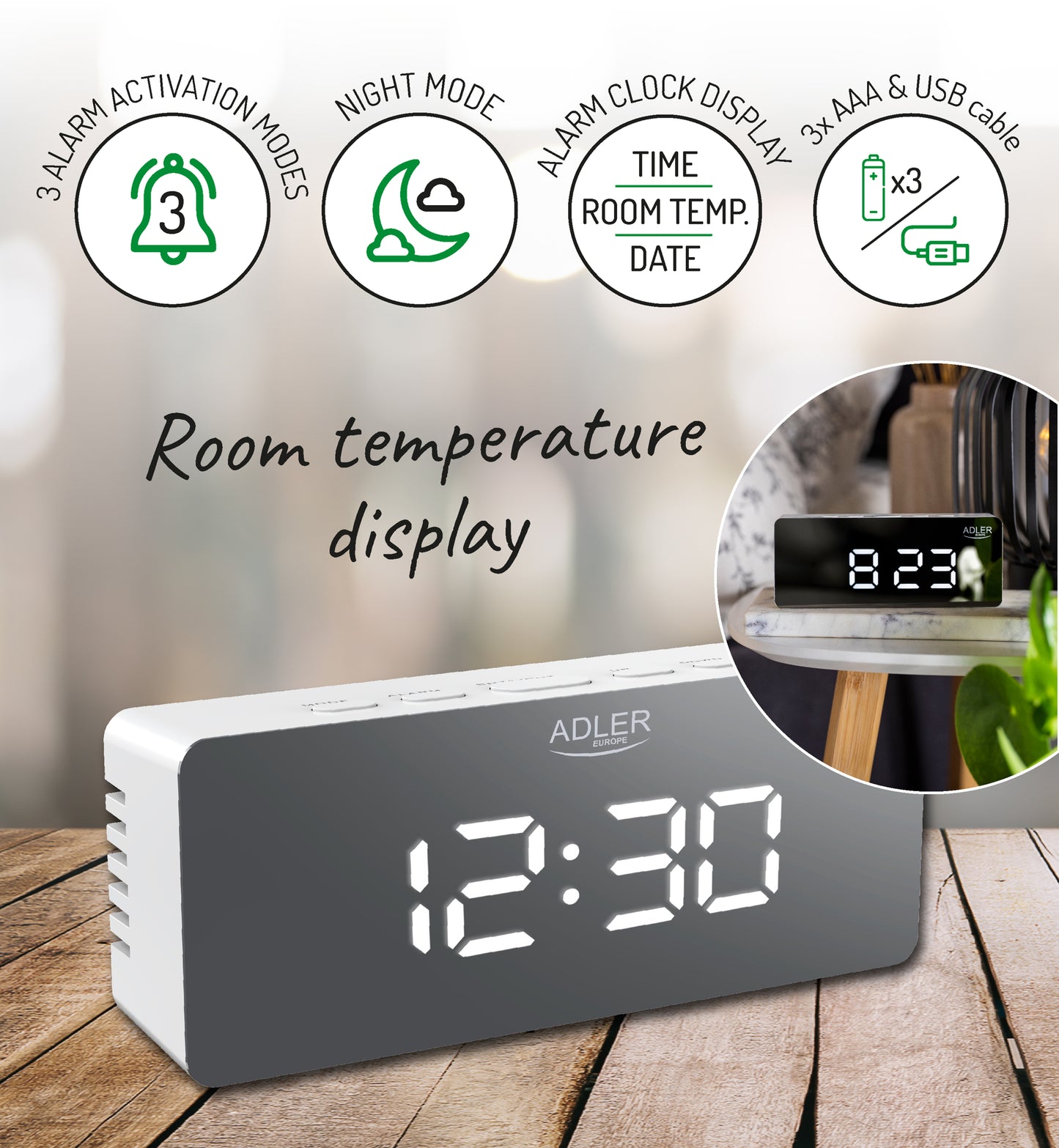 Ceas desteptator cu cablu USB si afisaj LED, alb, Adler AD1189w