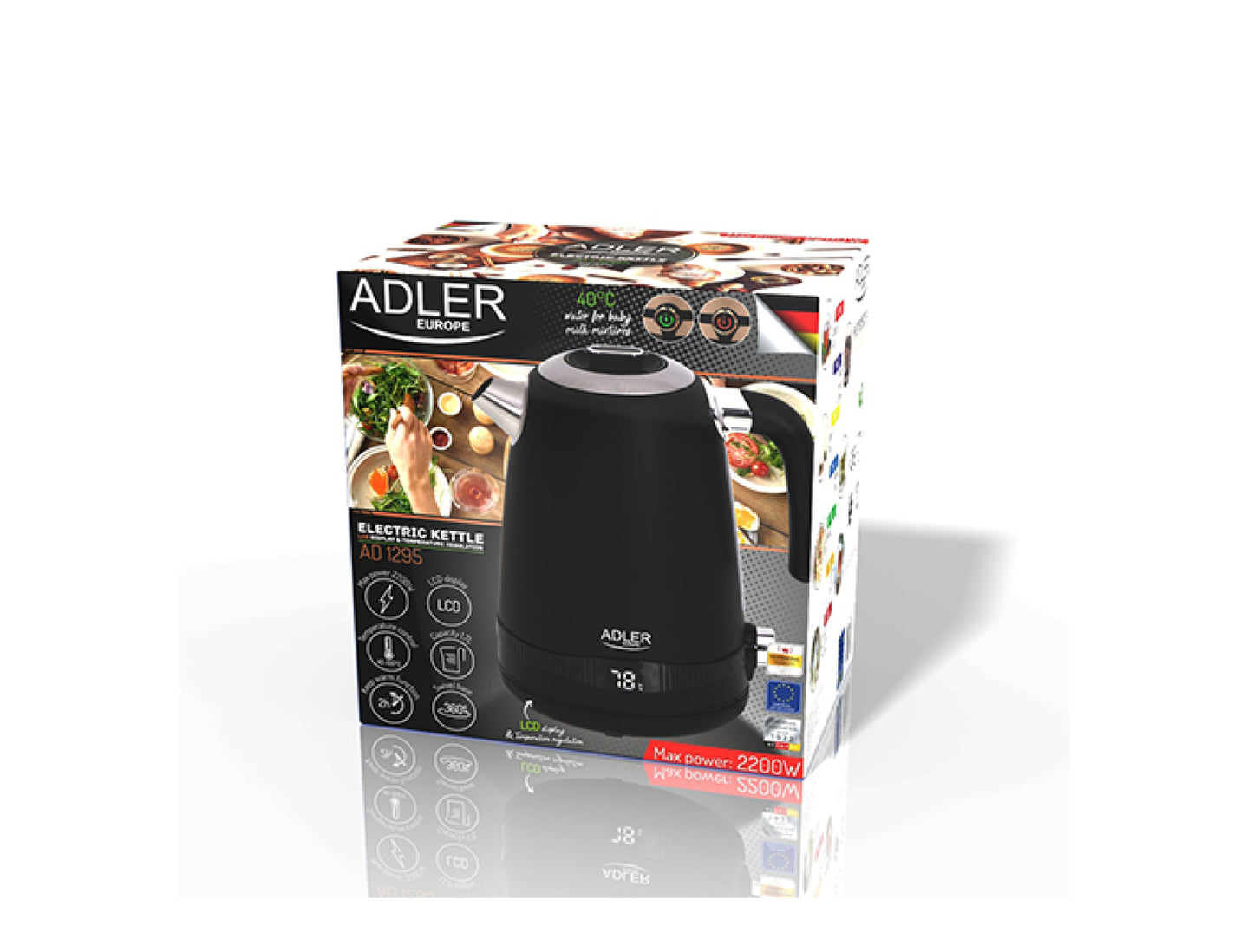 Fierbator electric metalic cu control al temperaturii, capacitate 1.7 l, afisaj LCD, negru, Adler AD1295b