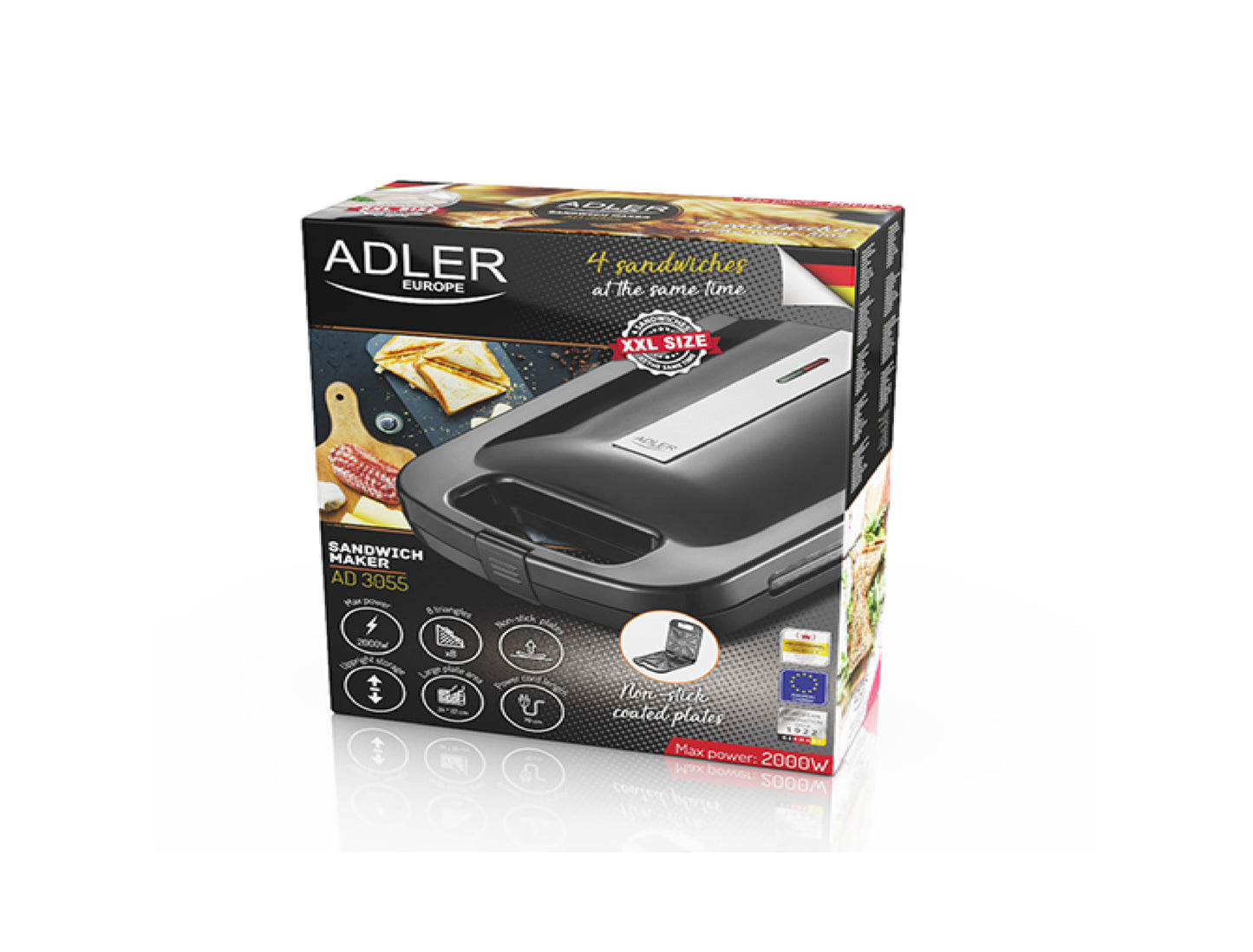 Sandwich maker XXL, 2000 W, 4 sandwich-uri mari, maner ignifug, picioare antiaderente, Adler AD3055