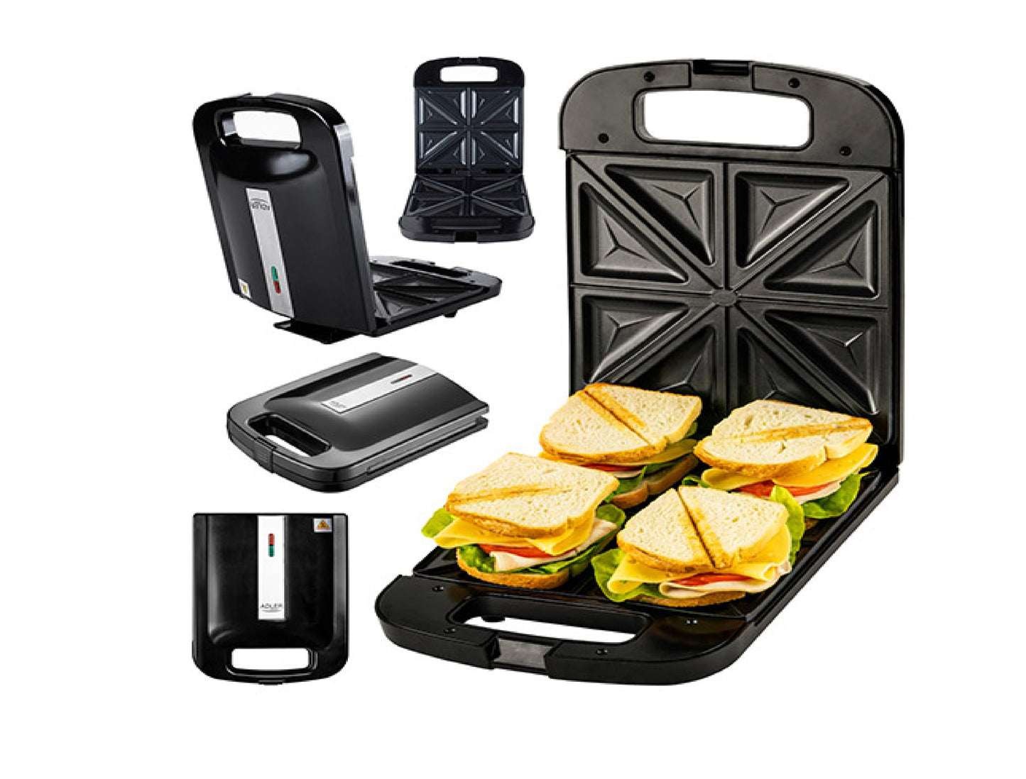 Sandwich maker XXL, 2000 W, 4 sandwich-uri mari, maner ignifug, picioare antiaderente, Adler AD3055