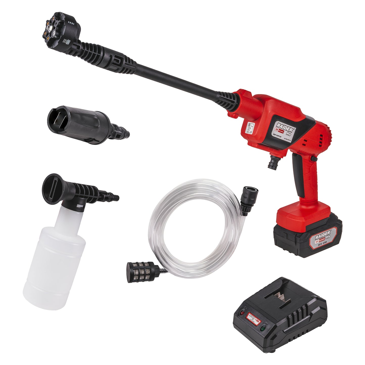 Set aparat de spalat cu presiune cu acumulator  RDP-CHP20, 2.5 mPa, 4 Ah, 6 in 1, Raider 072110
