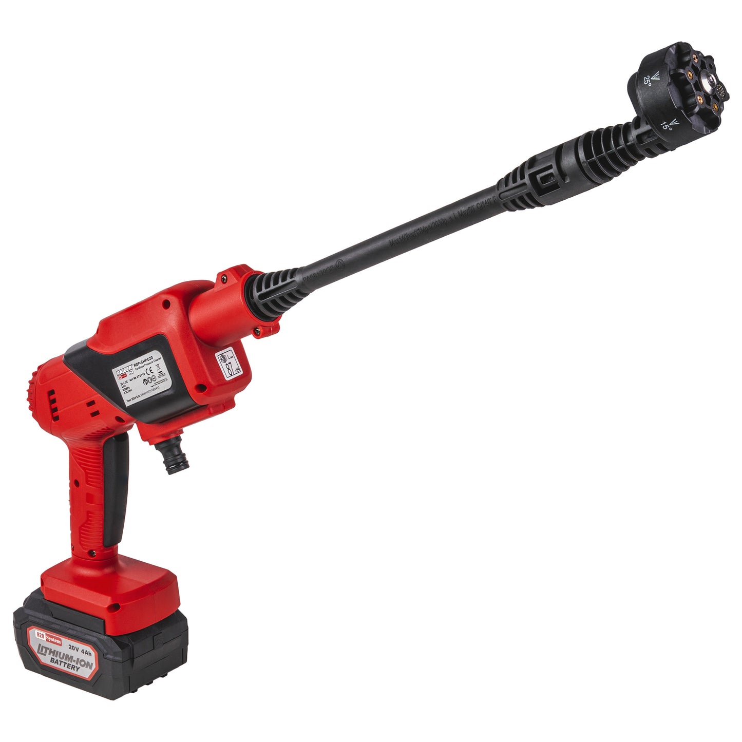 Set aparat de spalat cu presiune cu acumulator  RDP-CHP20, 2.5 mPa, 4 Ah, 6 in 1, Raider 072110