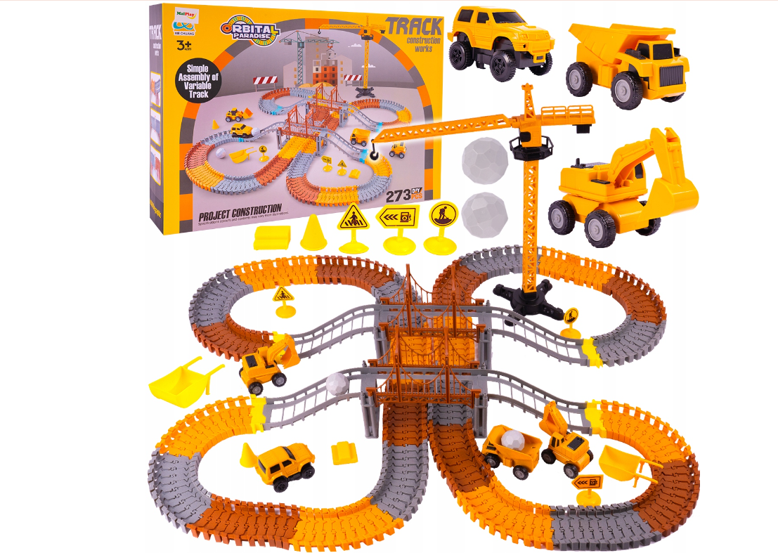Set educativ constructie cu 2 poduri, macara si masinute, 273 piese, MalPlay 110484
