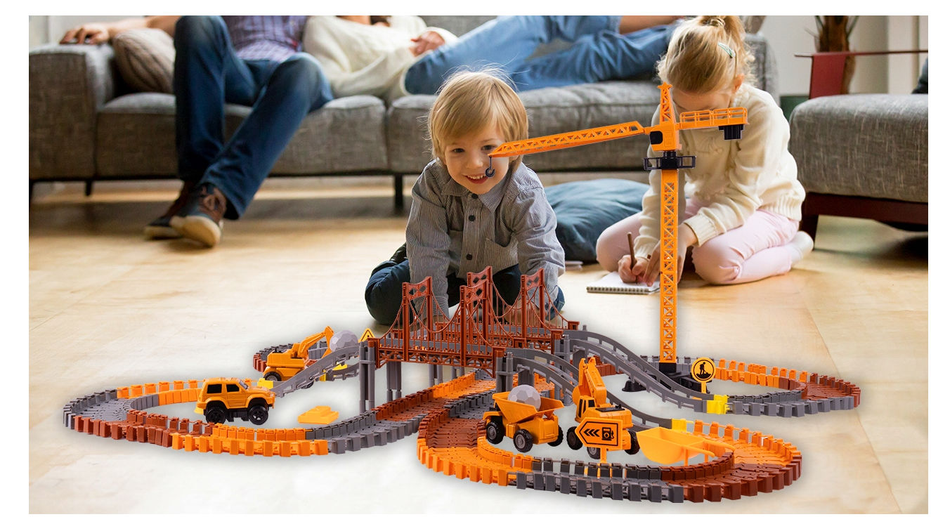 Set educativ constructie cu 2 poduri, macara si masinute, 273 piese, MalPlay 110484