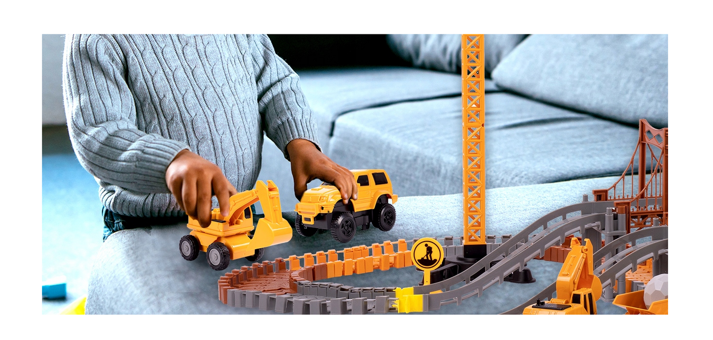 Set educativ constructie cu 2 poduri, macara si masinute, 273 piese, MalPlay 110484