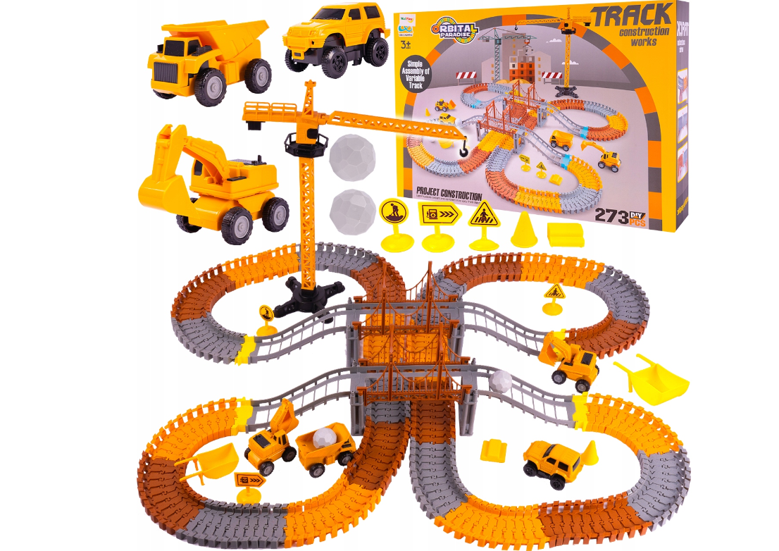 Set educativ constructie cu 2 poduri, macara si masinute, 273 piese, MalPlay 110484