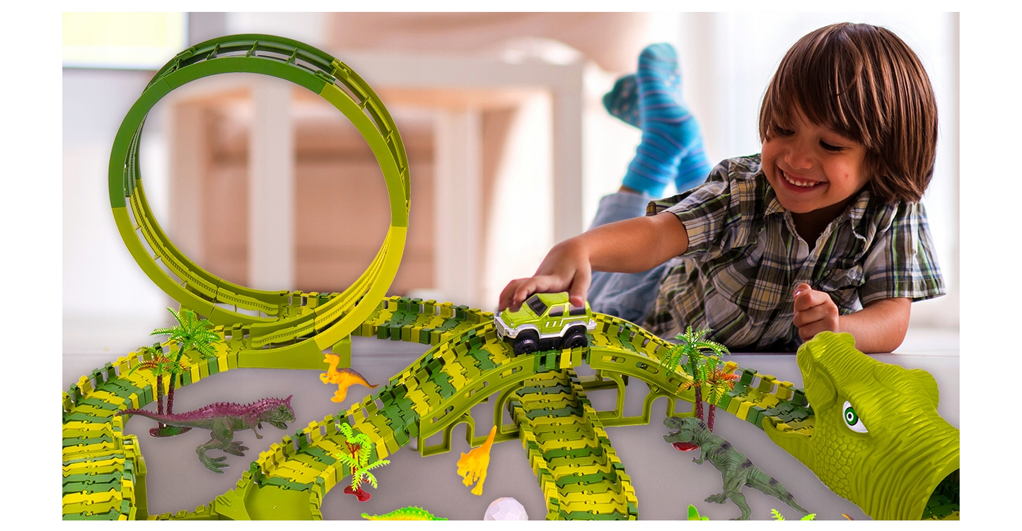 Set pista Dino Park cu masinuta, 260 piese, MalPlay 110485