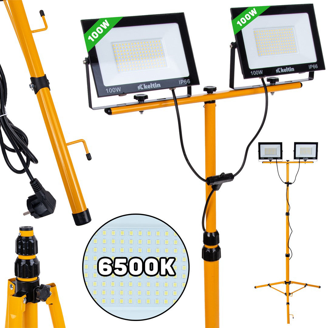 Proiector LED 2 x 100 W cu trepied telescopic pentru constructii, alb rece 6500 K, Keltin K02050