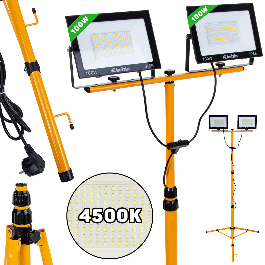 Proiector LED 2 x 100 W cu trepied telescopic pentru constructii, alb neutru, 4500 K, Keltin K02051