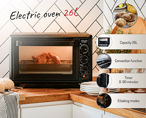 Cuptor electric, 1500 W, 26 l, negru, Adler AD6023