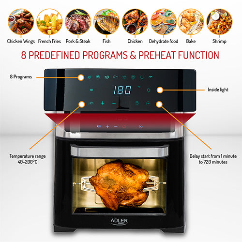 Cuptor fara ulei 8 in 1, 2500 W, capacitate 13 l, Adler AD6309
