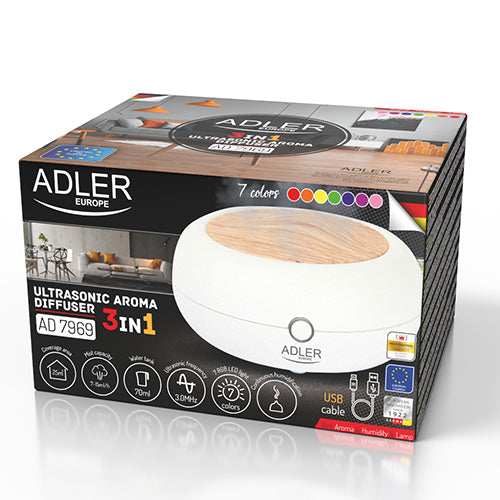 Difuzor aromaterapie cu ultrasunete, lumina LED, USB, rezervor 70 ml, 3 moduri de functionare, alb, Adler AD7969