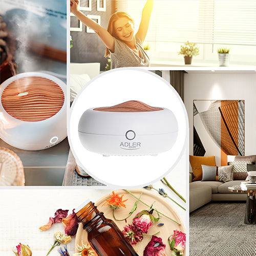 Difuzor aromaterapie cu ultrasunete, lumina LED, USB, rezervor 70 ml, 3 moduri de functionare, alb, Adler AD7969