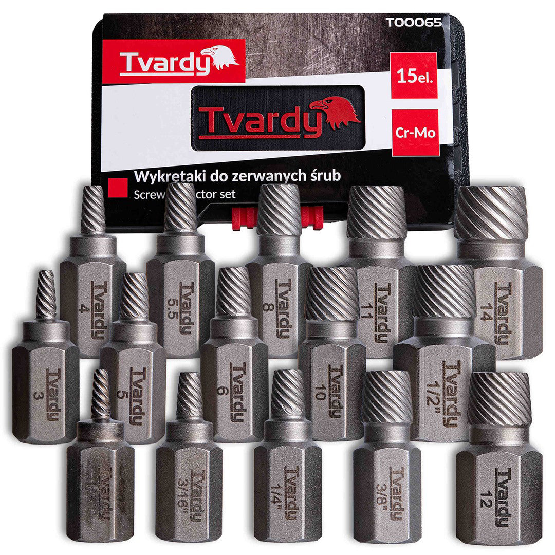 Set extractoare suruburi rupte, Cr-Mo-15 elemente, Tvardy T00065