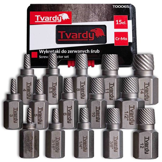 Set extractoare suruburi rupte, Cr-Mo-15 elemente, Tvardy T00065