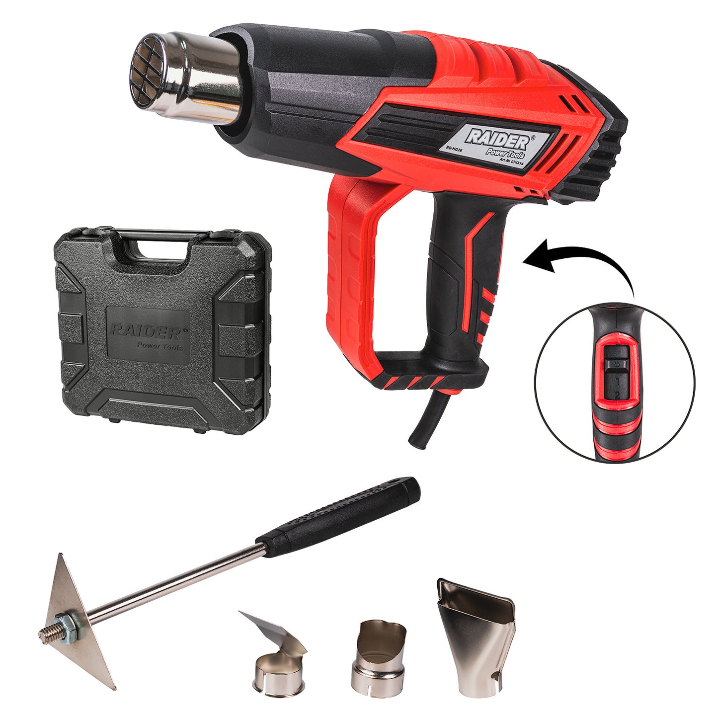 Set pistol cu aer cald si 5 duze RD-HG26, 2000 W, 2 trepte, Raider 074314