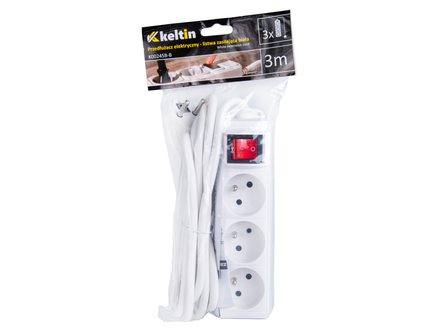 Prelungitor cu comutator cu 3 prize, 3 m, Keltin K00245B-B