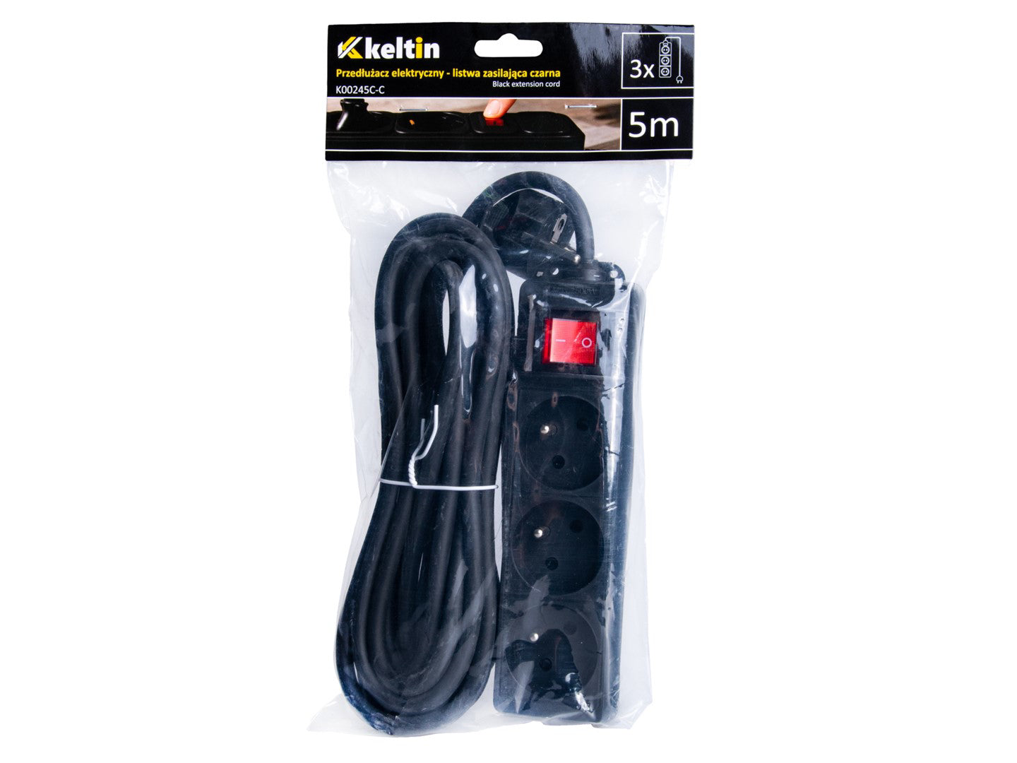 Prelungitor electric cu 3 prize, 5 m, negru, Keltin K00245C-C