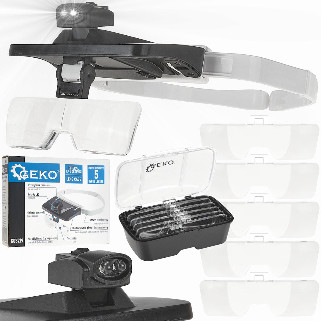 Set lupa de cap cu iluminare LED, 5 seturi lentile, Geko G03219