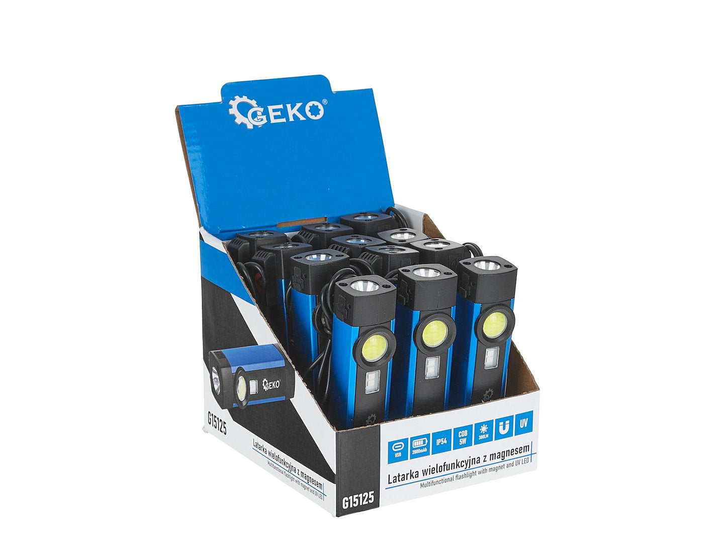 Lanterna multifunctionala cu magnet, UV LED COB, 5 W, 2000 mAh, 300 lm, IP54, Geko G15125