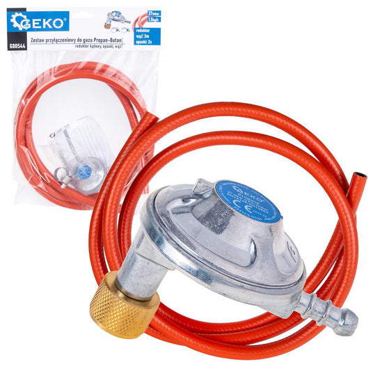 Set racord gaz propan butan – regulator unghiular, cleme si furtun, 2 m, Geko G80544