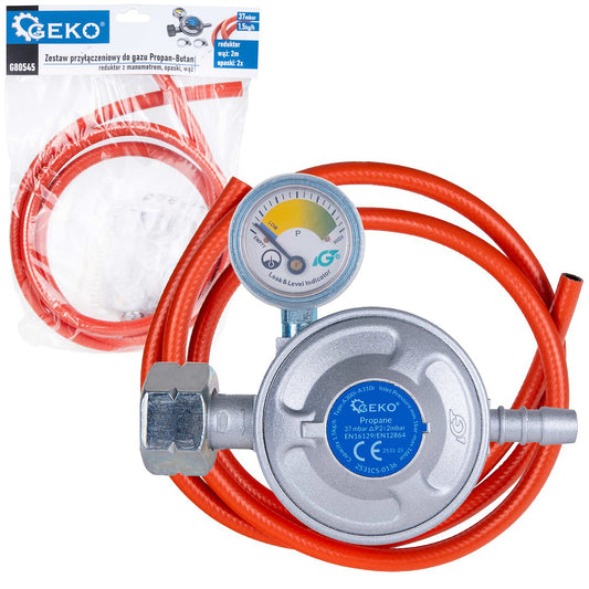 Set racord gaz propan butan – regulator cu manometru, cleme si furtun, 2m, Geko G80545
