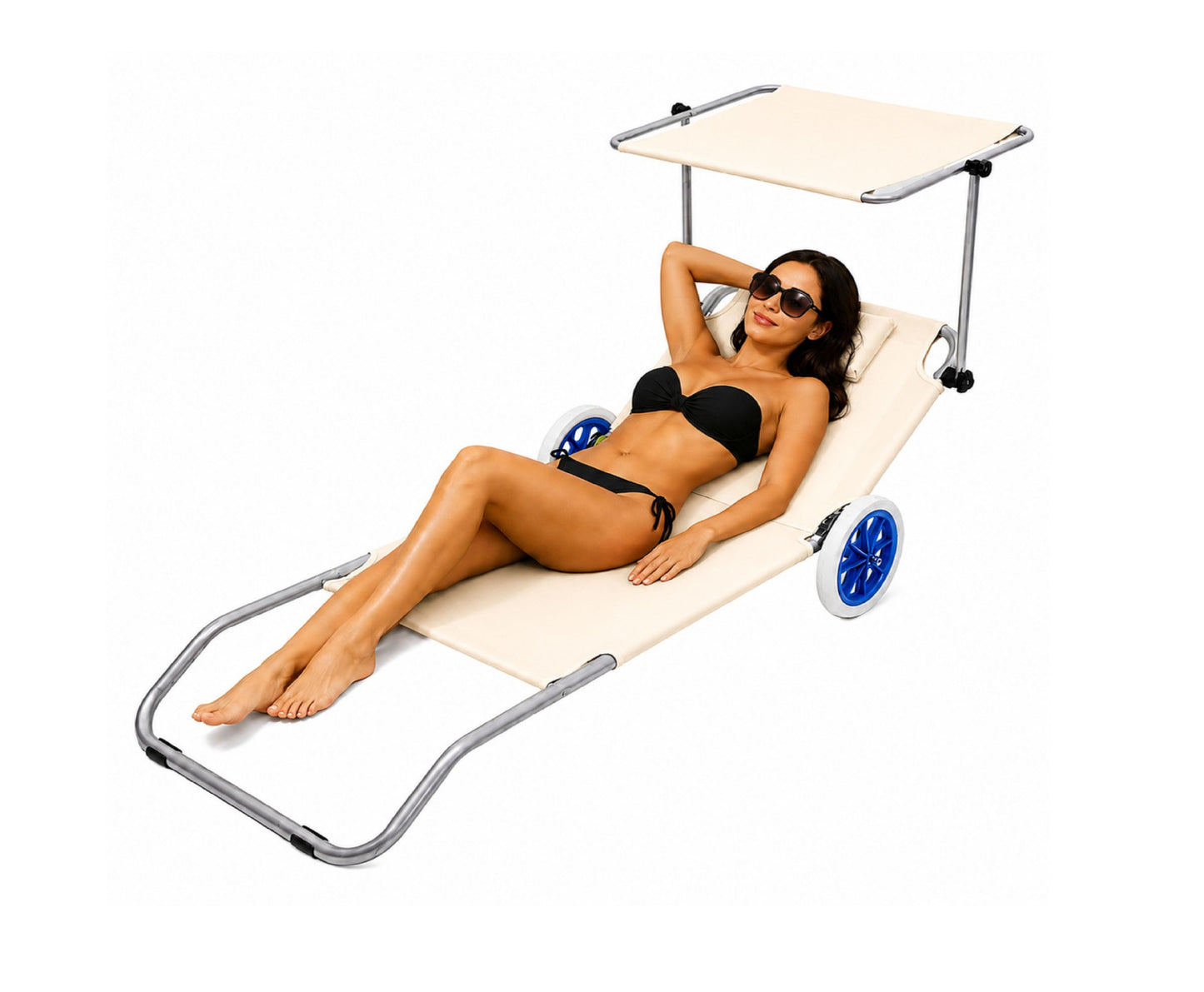 Sezlong pliabil pentru gradina cu roti si copertina, 150 x 60 cm, alb, Lean 30547