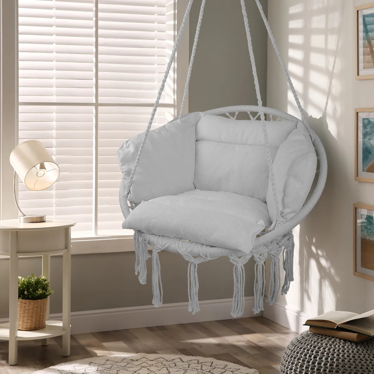 Scaun suspendat de gradina cu perne Sunwaal, 60x40x80x110x130x100 cm, cadru metalic, capacitate maxim 150 kg, gri, MalTec 112862