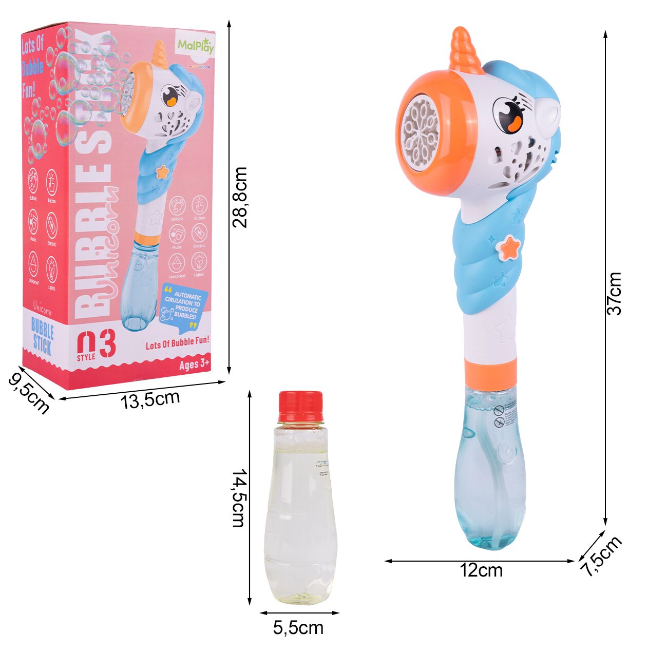 Pistol cu bule de sapun unicorn, 180 ml, MalPlay 111495