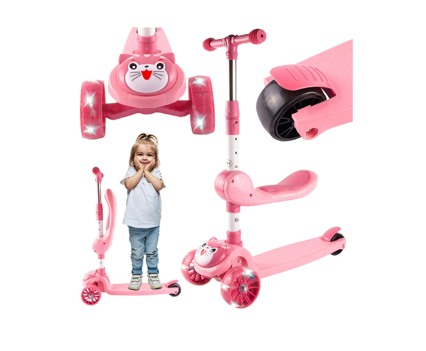 Trotineta pliabila cu 3 roti iluminate LED pisicuta 2 in 1, roz, MalPlay 112313