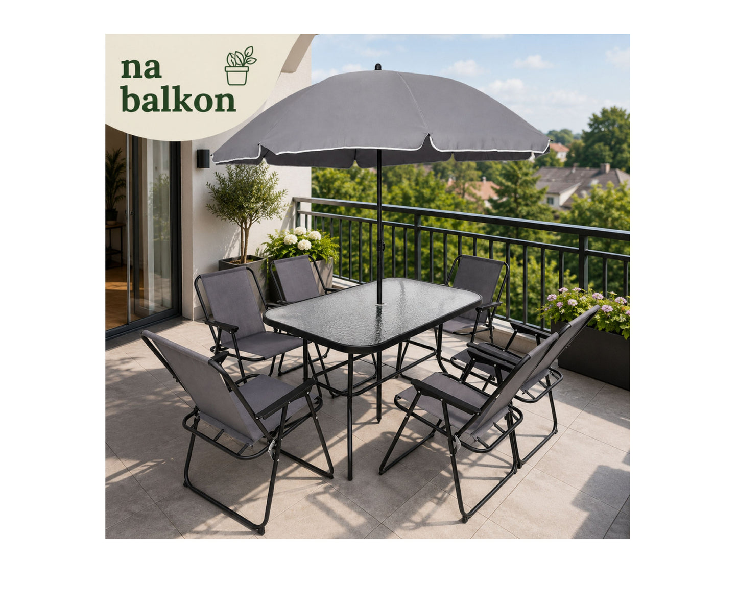 Set mobilier de gradina cu masa, 6 scaune si umbrela, Lean 29485