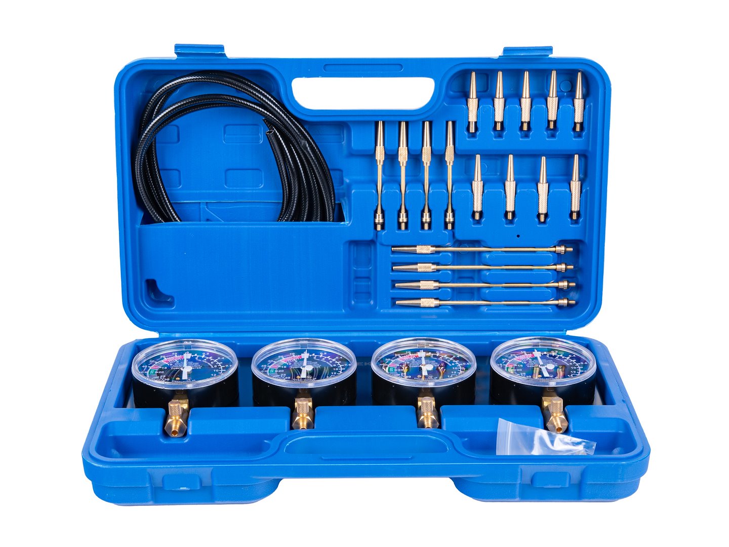 Kit tester si sincronizare carburatoare, set 4 manometre, 26 elemente, Geko G30071