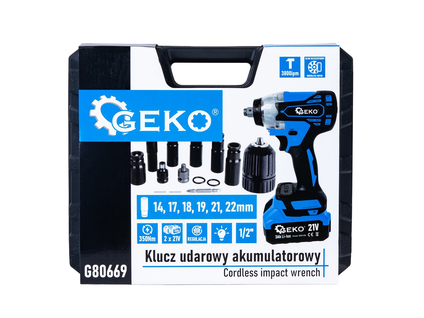 Cheie electrica de impact cu acumulator, 350 Nm, 2x3.0Ah 21V, Set XXL, Geko G80669
