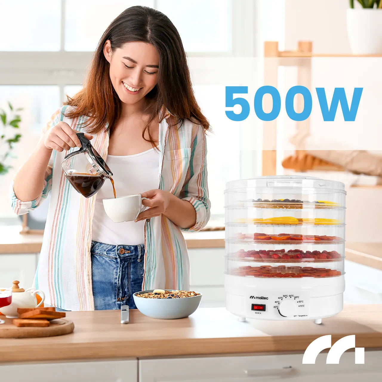 Deshidrator pentru fructe si legume, 5 nivele, 500 W, MalTec 113379