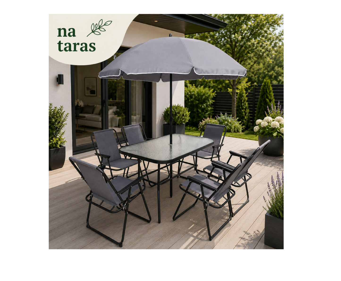 Set mobilier de gradina cu masa, 6 scaune si umbrela, Lean 29485